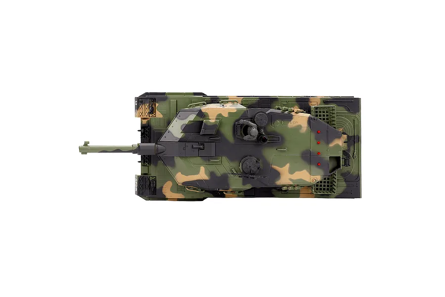 Top-down view of the Heng Long German Leopard 2 RC tank featuring a green, tan, and black camouflage pattern.