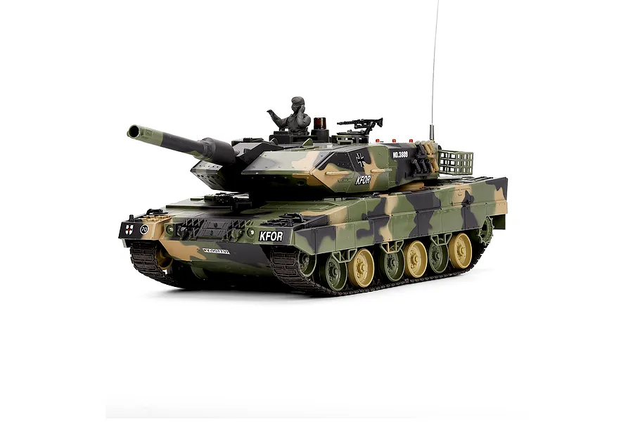Heng Long German Leopard 2 RC tank in 1/24 scale with camouflage pattern, commander figure, and turret.