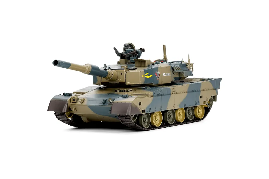 Studio shot of the Heng Long Japanese Type 90 1/24 scale RC tank in multi-color camouflage, viewed from the front right side.