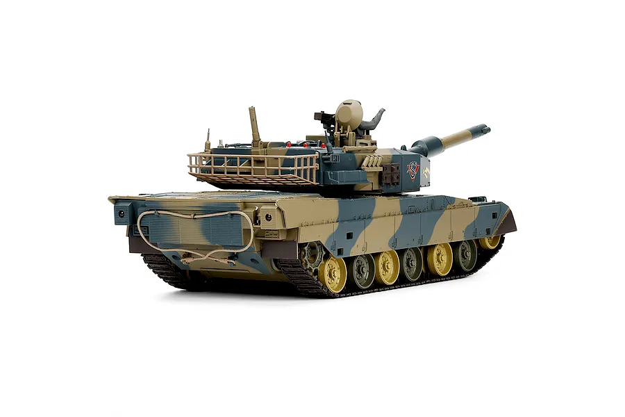 Heng Long Japanese Type 90 RC tank in camouflage finish, viewed from a low front-three-quarter angle against a white background.