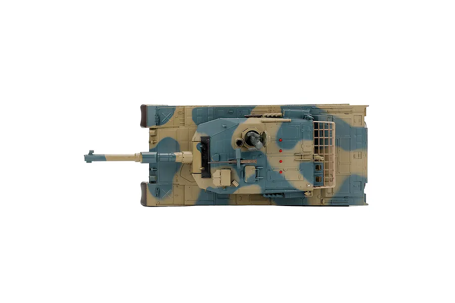 Top-down studio shot of the Heng Long Japanese Type 90 RC tank featuring a camouflage paint scheme and turret details against a white background.