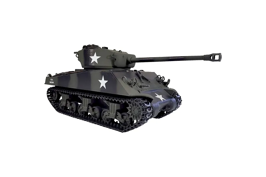 Taigen M4A3 Sherman 76mm RC tank viewed from the front right against a plain white background.