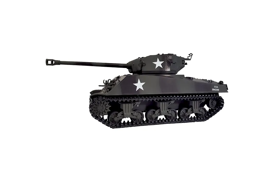 Side view of Taigen M4A3 Sherman RC tank in olive drab with white star markings against a white background.