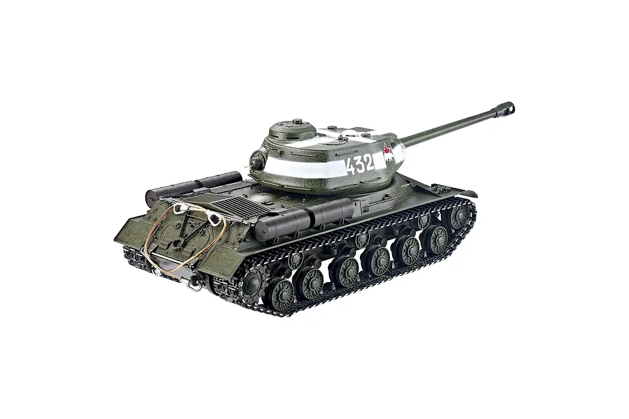 Taigen Russian JS-2 RC tank in 1/16 scale with green camouflage, white stripe markings, and number 432 on the turret.