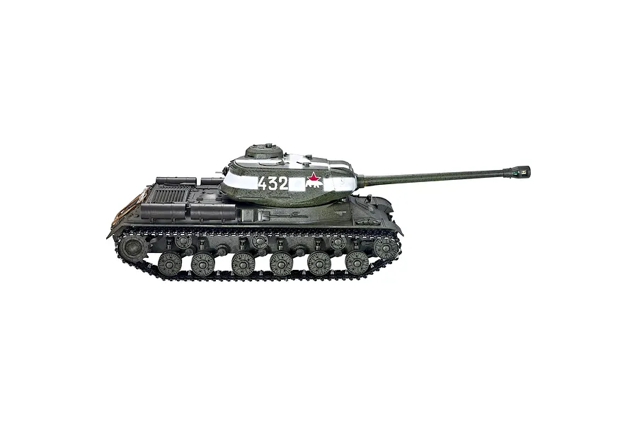Side view of the Taigen Russian JS-2 RC tank in green with white stripes and markings, set against a plain white background.