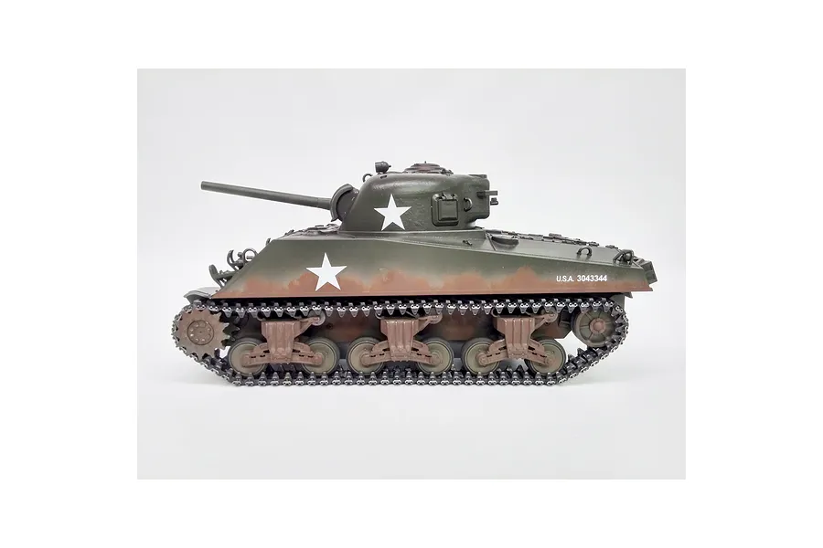 Side profile view of the Taigen M4A3 Sherman RC tank in olive drab with white stars and weathering effects.