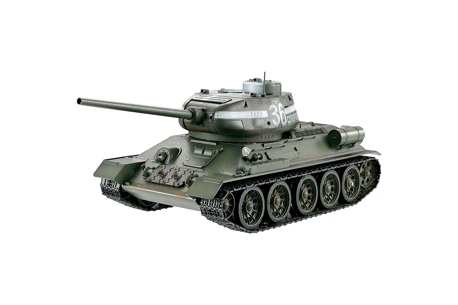 Studio product view of the Taigen Soviet Union T-34/85 RC tank with green camouflage and printed markings on a white background.