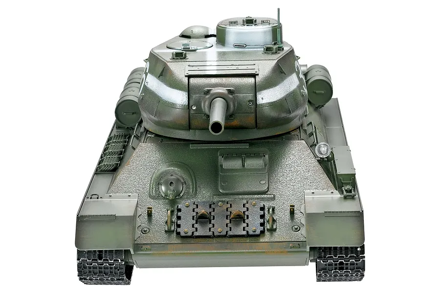Front-facing studio shot of the Taigen Soviet Union T-34/85 RC tank model on a white background.