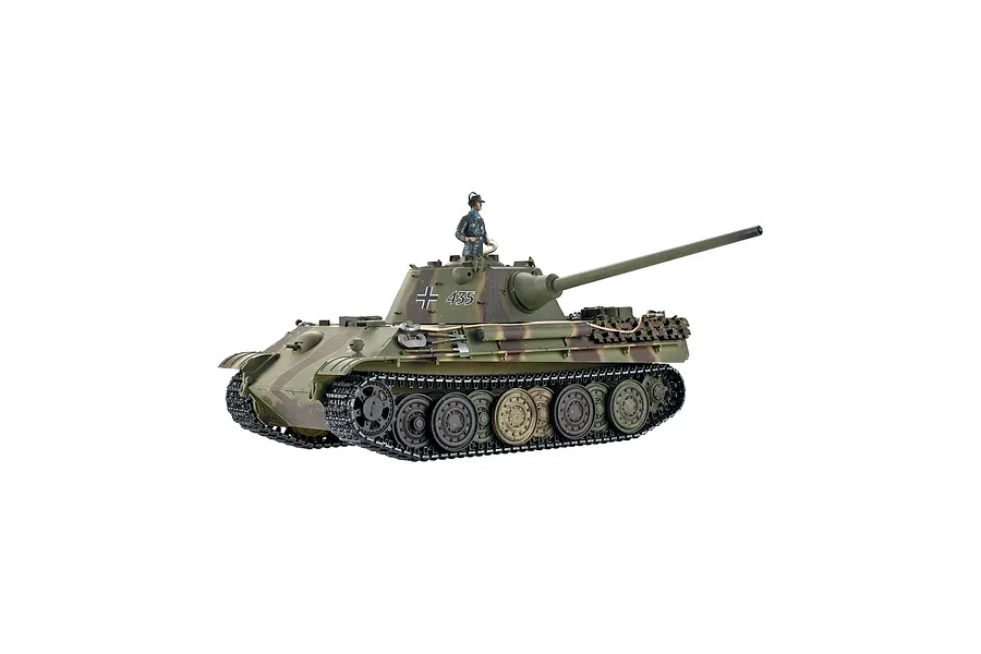 Taigen German Panther Type G RC tank in green camouflage with a commander figure standing in the hatch, viewed against a white background.