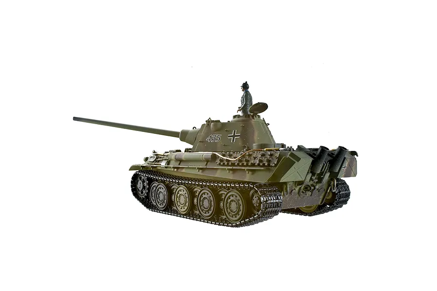 Taigen German Panther Type G RC tank in green camouflage with commander figure and detailed tracks against a white background.