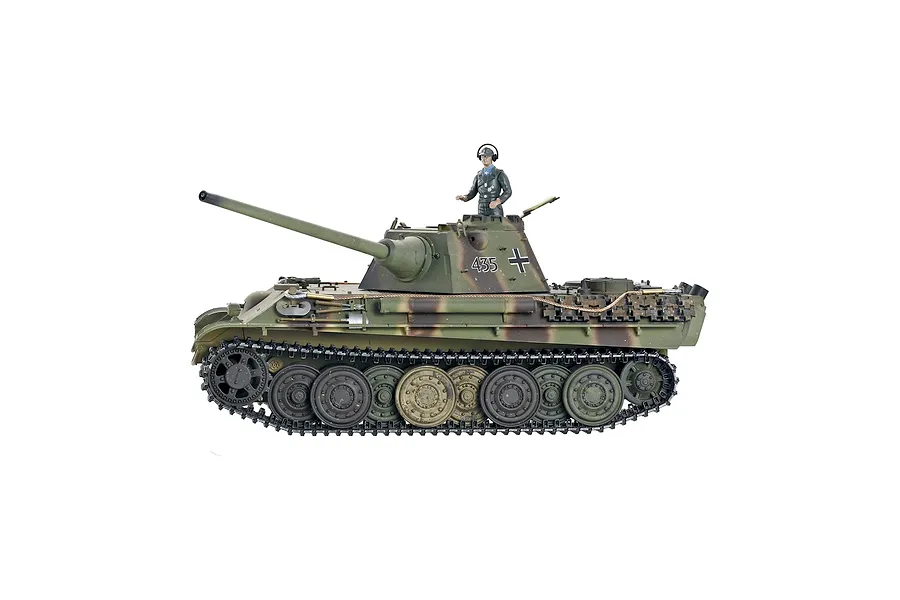 Side view studio shot of Taigen German Panther Type G RC tank in camouflage with a commander figure.