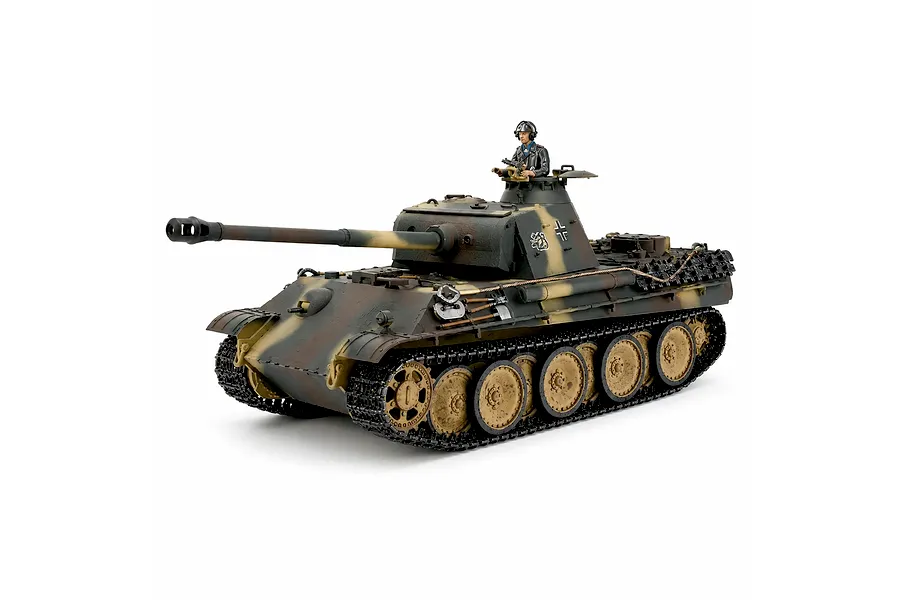 Taigen German Panther Type G RC tank in 1/16 scale featuring camouflage paint, black tracks, and a commander figure in the turret.