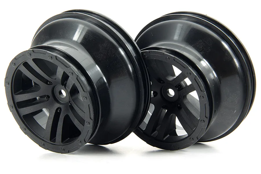 Two black ARRMA RC short course truck rims shown from a front-angled perspective against a white background.