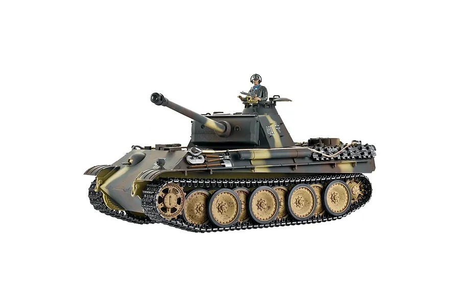 Taigen German Panther Type G RC tank in camouflage with a commander figure in the hatch against a white background.