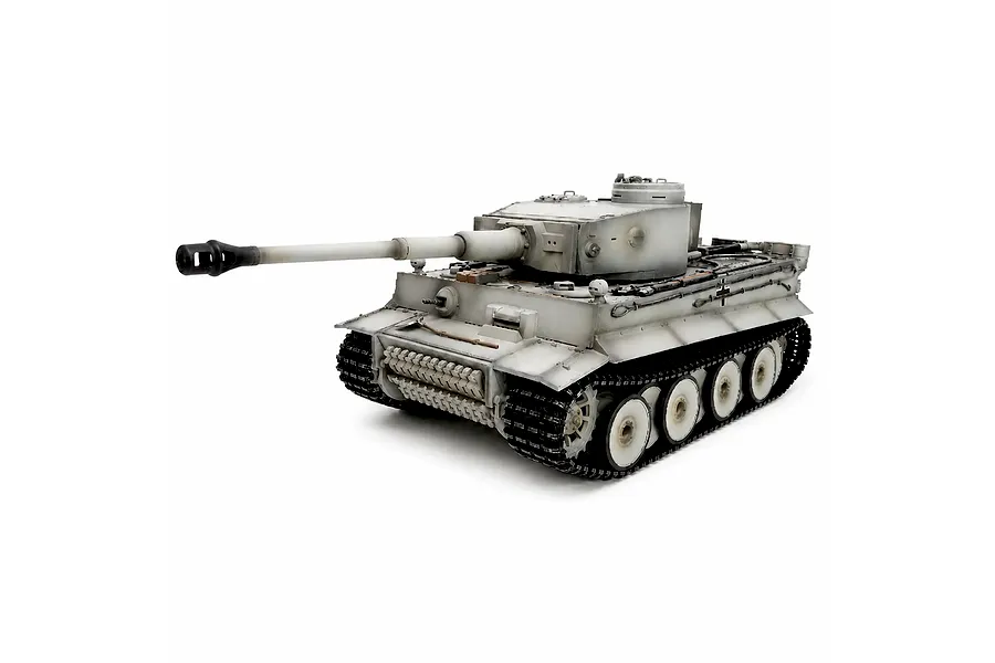 Taigen 1/16 scale German Tiger I RC tank in winter camouflage finish against a solid white background.