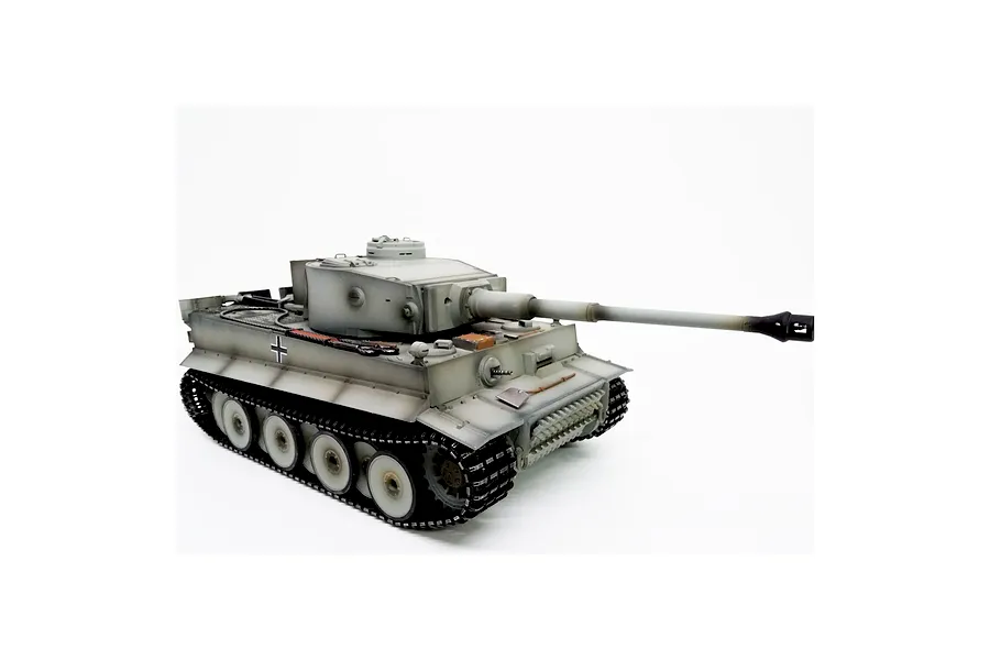 Studio photo of Taigen German Tiger I RC tank in 1/16 scale with gray camouflage paint scheme against a white background.
