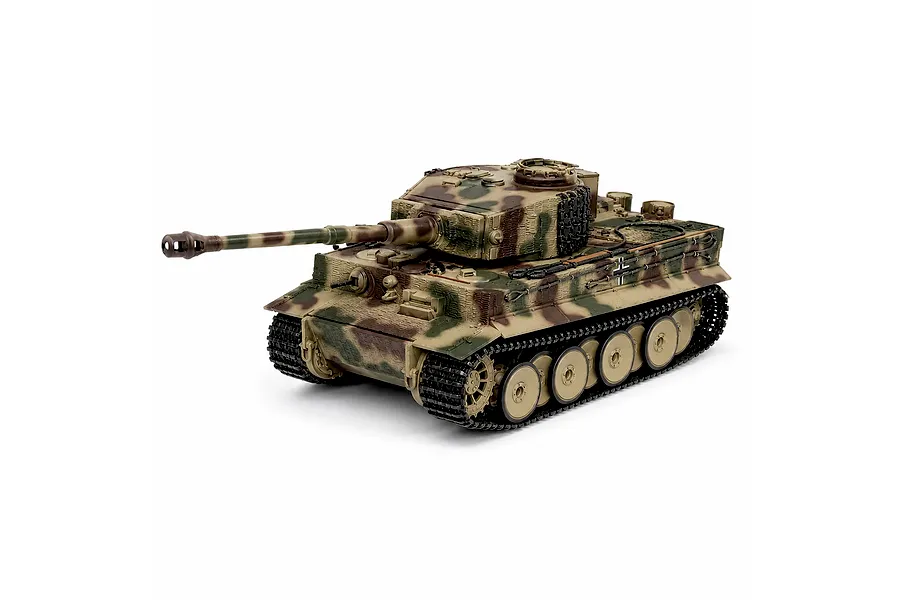 Taigen German Tiger I RC tank in a three-quarters front view featuring a camouflage paint scheme and tracks.