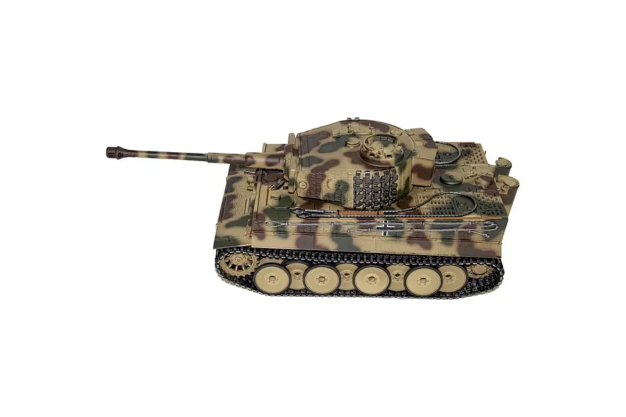 Taigen German Tiger I RC tank in camouflage finish viewed from an elevated side angle on a white background.