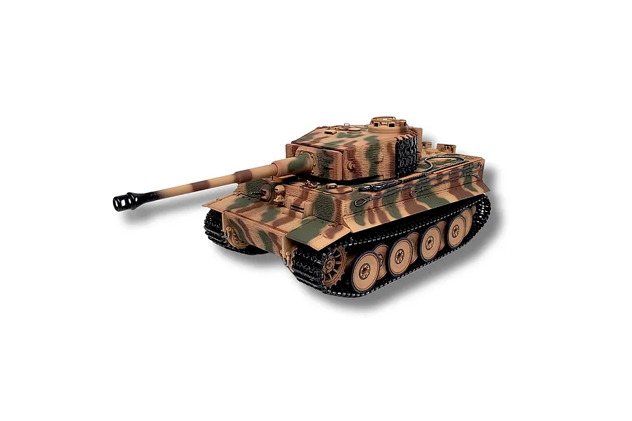Studio shot of a German Tiger I RC tank with camouflage paint, featuring detailed tracks, wheels, and a long barrel.