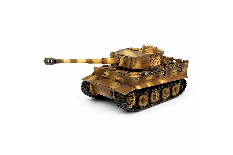 Studio product shot of a 1/16 scale Taigen German Tiger I RC tank with camouflage paint, tracks, and a long barrel against a white background.