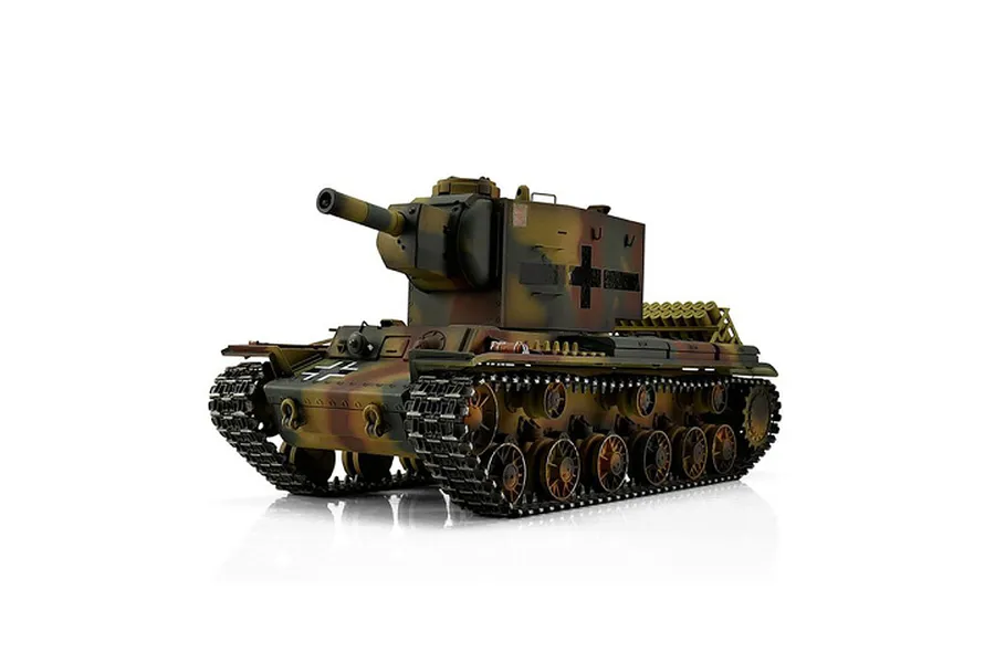 Taigen Russian KV-2 754 RC Tank in camouflage paint scheme, viewed from a low front-three-quarter angle against a white background.