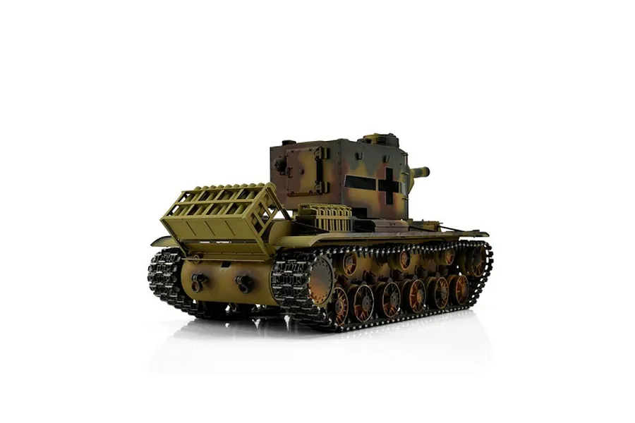 Taigen 1/16 scale RC tank model showing the rear and side profile with camouflage finish and detailed tracks.