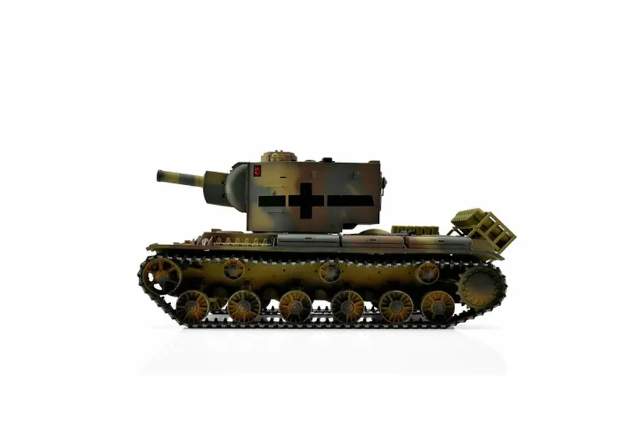 Studio side profile shot of the Taigen Russian KV-2 RC tank featuring a camouflage paint scheme and large turret.