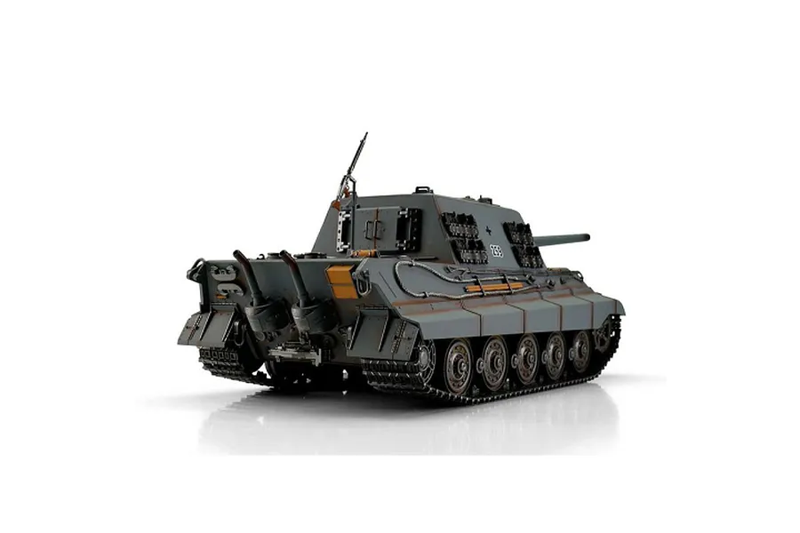 Rear-three-quarter studio view of a grey Taigen JagdTiger RC tank with detailed tracks, exhaust pipes, and side skirts.