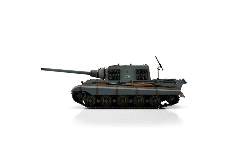 Side profile studio shot of the Taigen German JagdTiger RC tank in grey camouflage with tracks and long barrel.