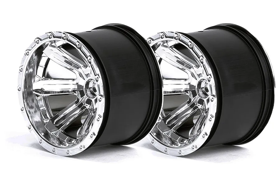Two ARRMA 2.8-inch chrome and black RC monster truck rims shown from a front-quarter angle against a white background.