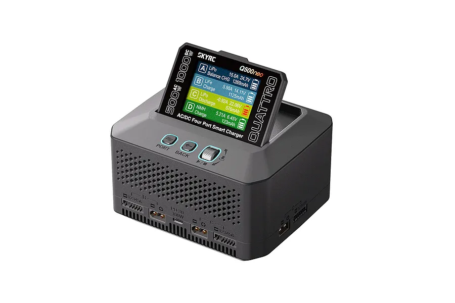 SkyRC Q500neo 1000W AC/DC Smart Charger featuring a color screen showing multiple battery statuses and three control buttons on top.