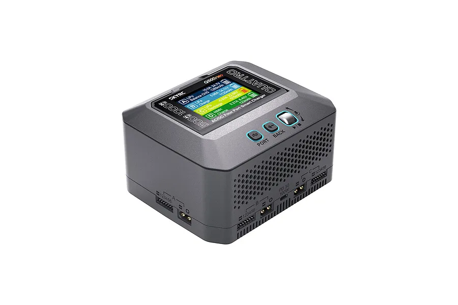 SkyRC Q500neo 1000W AC/DC four-port smart charger showing its color LCD screen, control buttons, and charging ports.