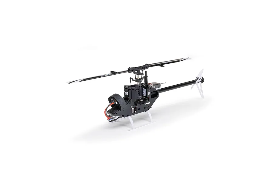 Studio shot of the Blade Revolution 155 CP RC helicopter mechanics without body canopy, showing black frame, white landing gear, and main rotor blades against a white background.