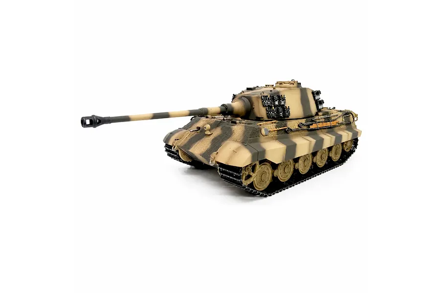 Studio product photo of a Taigen German King Tiger RC tank featuring a camouflage paint scheme and long gun barrel against a white background.
