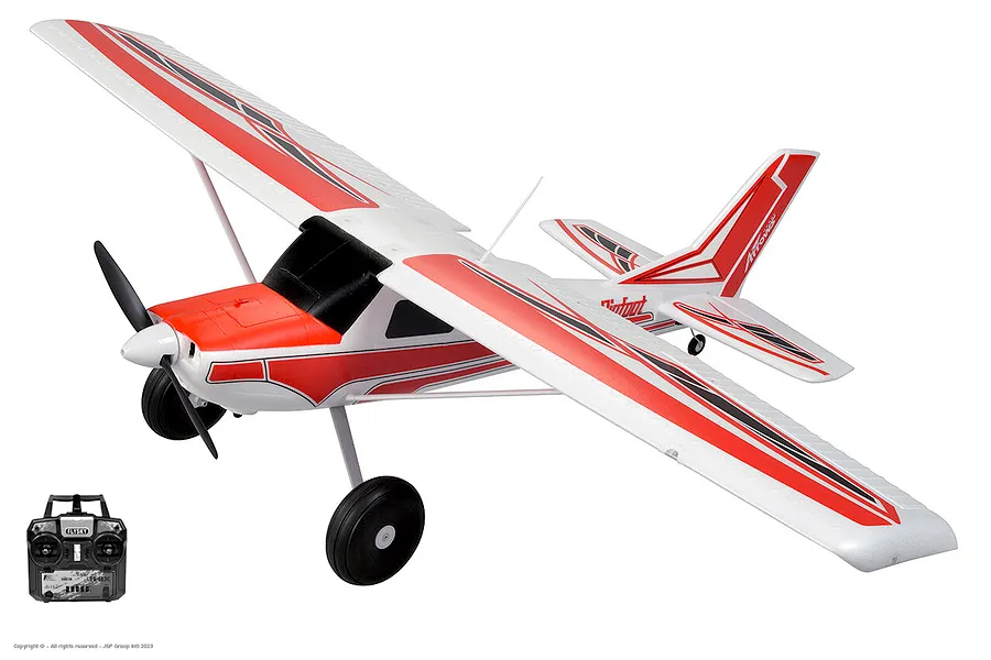 Arrows RC Bigfoot 1.3m trainer airplane in white and red livery with large tundra wheels and included radio transmitter.