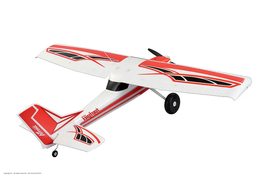 High-angle studio shot of the Arrows RC Bigfoot 1.3m trainer RC airplane in white with red and black decals against a plain white background.