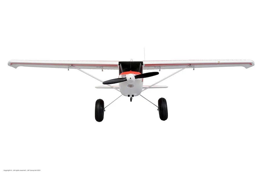 Front view of the Arrows RC Bigfoot 1.3m trainer airplane showing propeller, large wheels, and high-wing design on a white background.