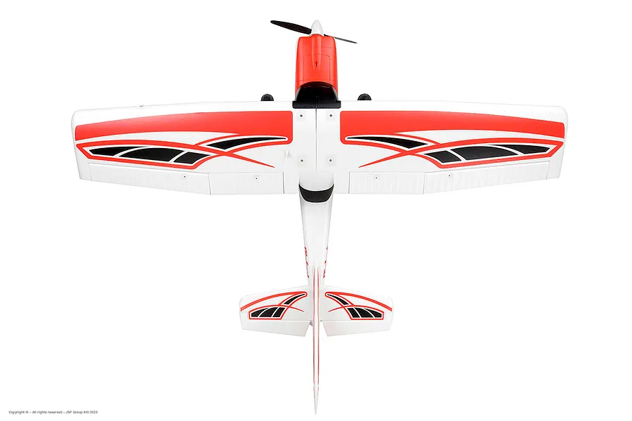 Top-down studio shot of the Arrows RC Bigfoot 1.3m trainer airplane showing its white, red, and black trim wings and fuselage against a plain white background.