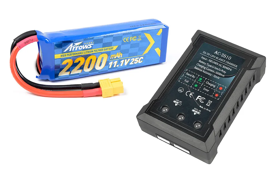 Arrows 11.1V 2200mAh LiPo battery and an AC-3S10 balance charger on a white background.
