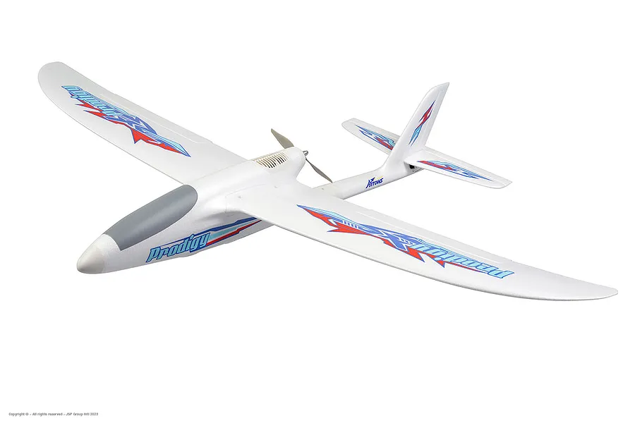 Arrows RC Prodigy 1400mm trainer RC airplane viewed from above against a plain white background.