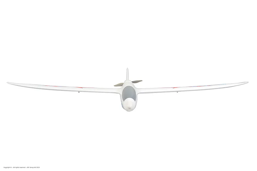 Front view of the Arrows RC Prodigy 1400mm trainer airplane against a white background.
