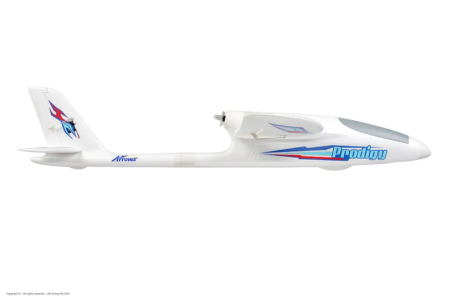 Side view of the Arrows RC Prodigy 1400mm trainer airplane in white foam with blue and red decals against a white background.