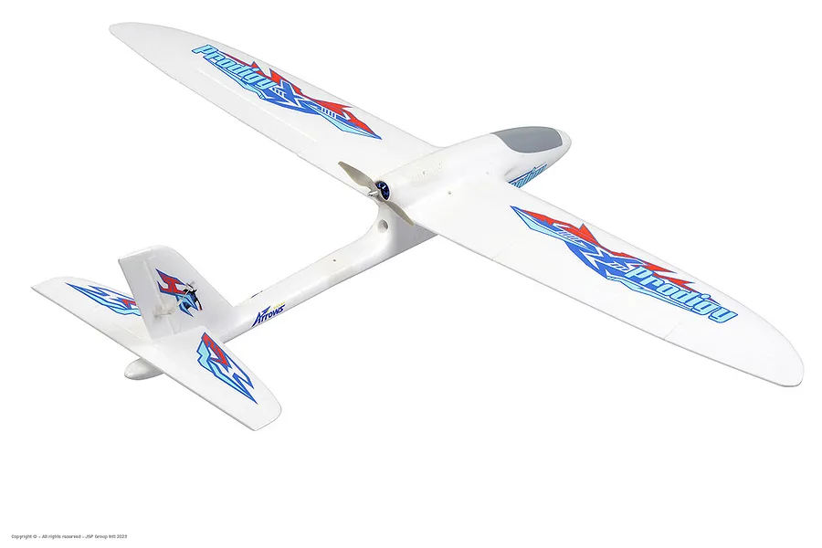Arrows RC Prodigy 1400mm trainer airplane in white foam with blue and red decals against a plain background.