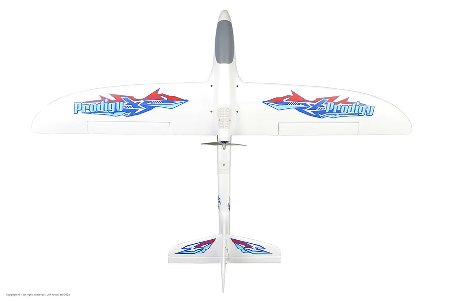 Top-down studio shot of the white Arrows RC Prodigy 1400mm trainer airplane with blue, red, and light blue decals on the wings and tail.
