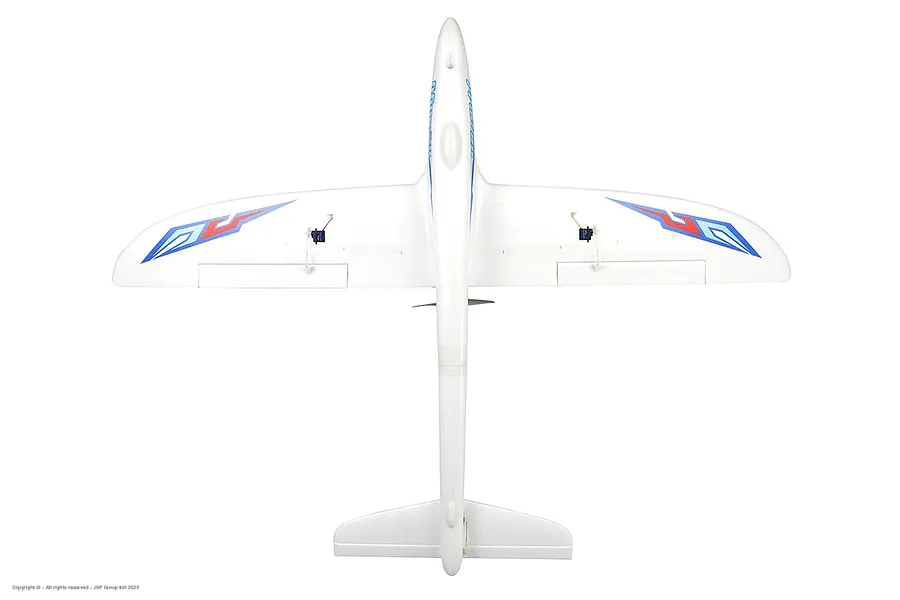 Top-down view of the Arrows RC Prodigy trainer plane against a white background, showing the white foam airframe and decals.