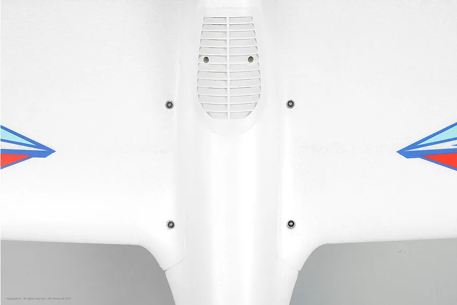 Top-down view of the white foam wing mounting area on the Arrows RC Prodigy 1400mm trainer airplane.