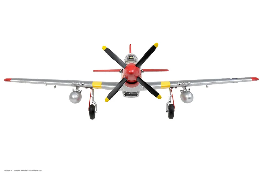 Front-on view of the Arrows RC P-51 Mustang 850mm warbird model airplane, featuring a silver fuselage, red nose, and landing gear.