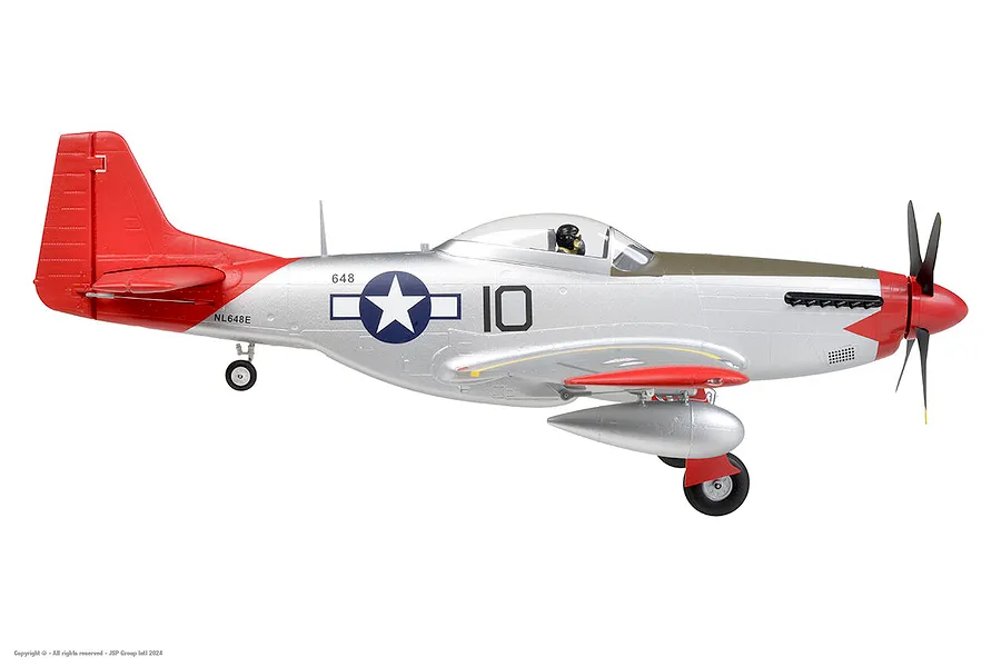 Studio side profile shot of the Arrows RC P-51 Mustang 850mm warbird plane in silver and red livery against a white background.