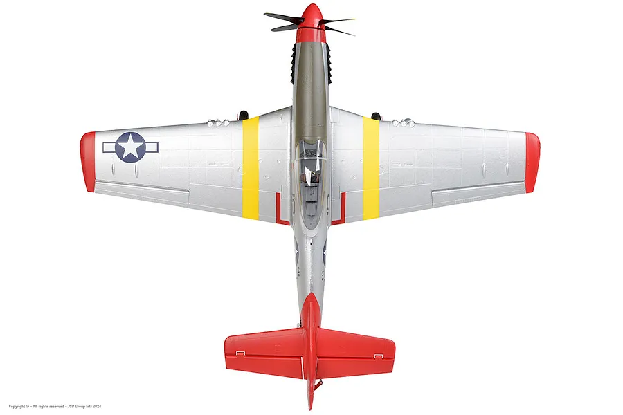 Top-down view of the Arrows RC P-51 Mustang 850mm warbird plane in silver, red, and yellow livery against a white background.