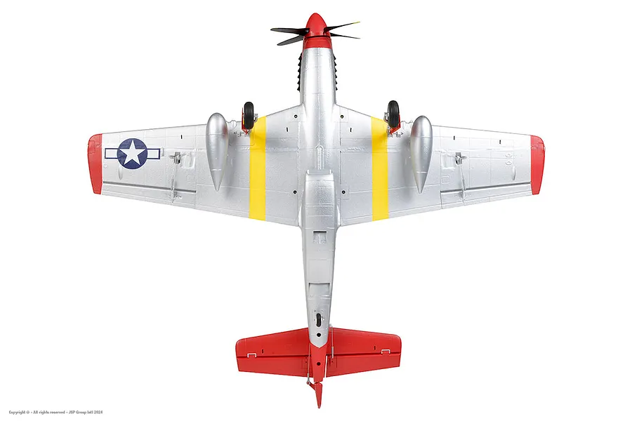 Bottom-up studio view of the Arrows RC P-51 Mustang 850mm warbird plane, showing its silver fuselage, red tail, yellow wing stripes, and landing gear.